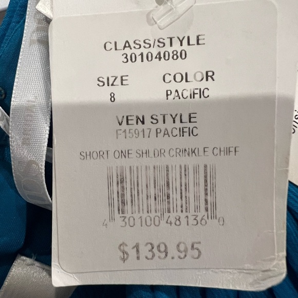 Davids Bridal Short One Shoulder Dress Pacific Blue. - Picture 4 of 7